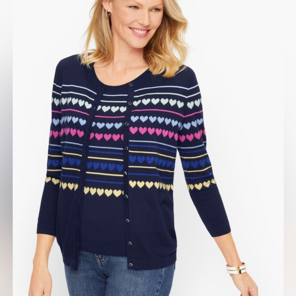 Talbots Charming Cardigan XL Hearts & Stripes Button Front  Minimalist Preppy